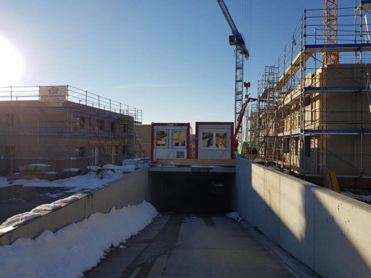 Überbauung Waldegg in Alterswil, Einfahrt Tiefgarage im Februar 2019